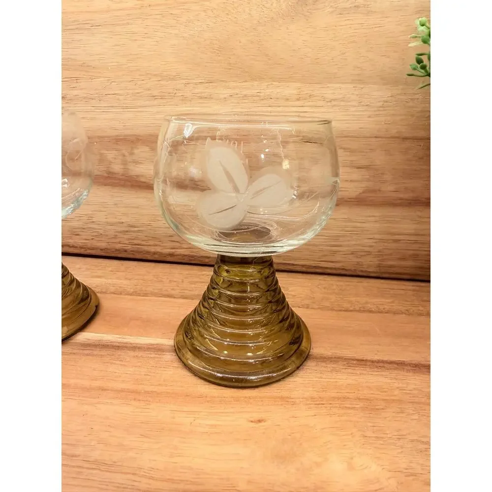 Vintage‎ German Roemer Small Crystal Glasses Amber Color - Etched Grape Design